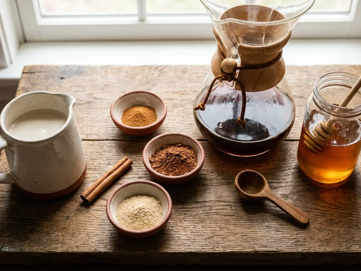 Vue de dessus d'une planche en chêne réunissant une cafetière filtre, un pichet de lait d'avoine, trois coupelles de poudres beiges et brunes, un bâton de cannelle et un pot de miel