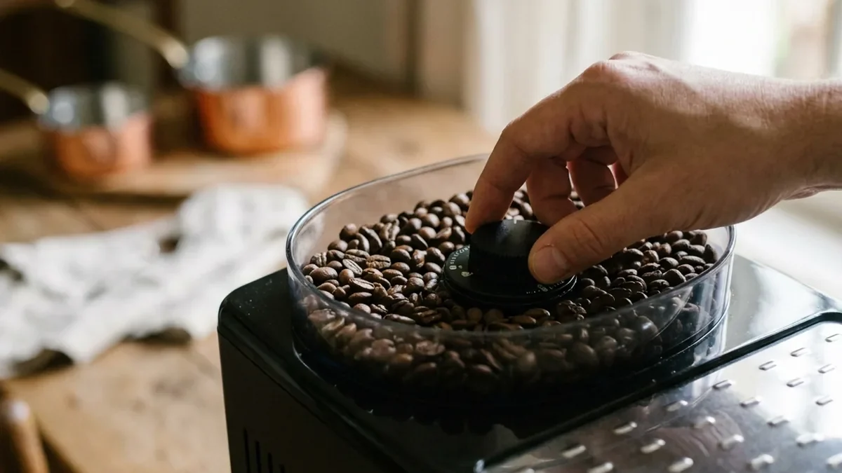 Main tournant la molette de réglage du broyeur dans le bac à grains d'une machine à café automatique, grains de café brillants autour de la molette