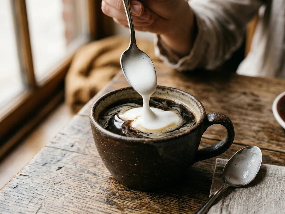 Mousse de lait blanche et brillante glissée à la cuillère sur un café noir dans une tasse en grès, la surface encore en mouvement
