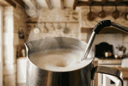 Animation du lait qui tourbillonne et épaissit sous la buse vapeur dans un pichet
