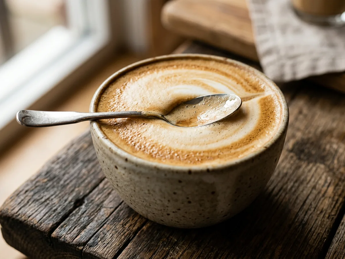 Gros plan sur la surface d'un cappuccino, mousse dense et serrée traversée par une cuillère qui laisse un sillon net
