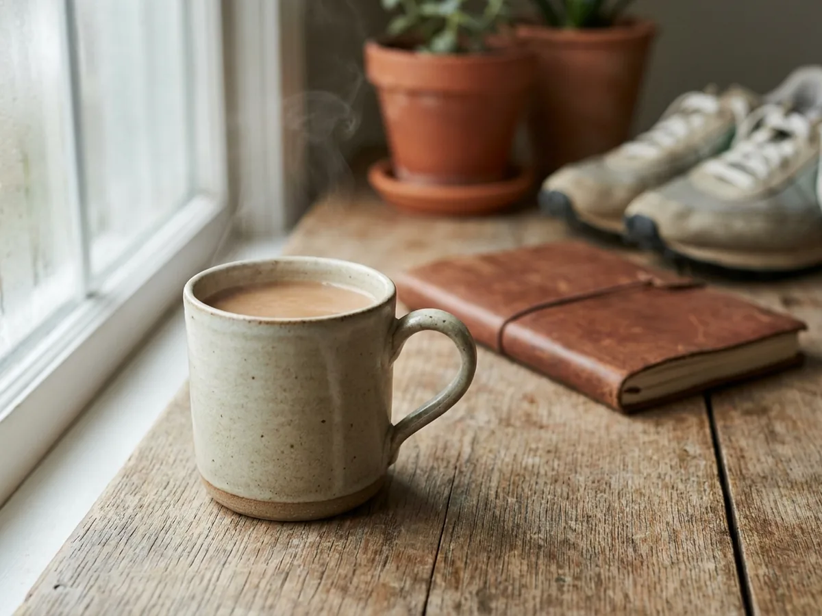 Mug en grès artisanal rempli d'une boisson chaude brun clair posé près d'une fenêtre, carnet de notes fermé et chaussures de sport floues à l'arrière-plan