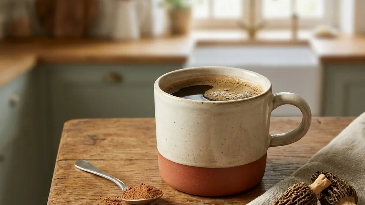 Mug en grès artisanal rempli d'un café brun foncé légèrement mousseux, une petite cuillère de poudre brune à côté et deux champignons séchés sur un torchon en lin