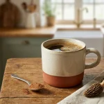 Mug en grès artisanal rempli d'un café brun foncé légèrement mousseux, une petite cuillère de poudre brune à côté et deux champignons séchés sur un torchon en lin