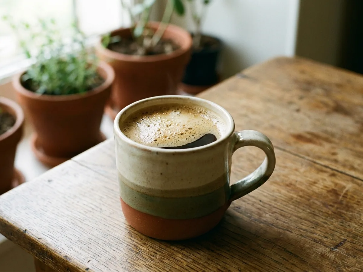 Mug en grès artisanal rempli de café noir surmonté d'une épaisse couche de crème mousseuse