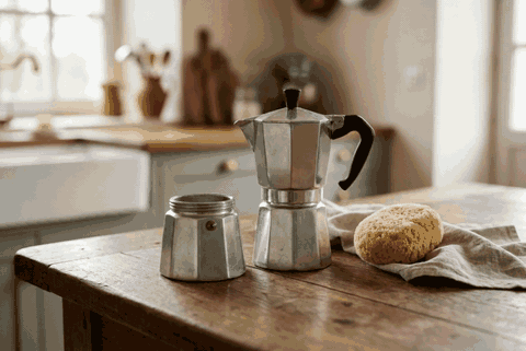 Animation du démontage et du rinçage des trois parties d'une cafetière italienne