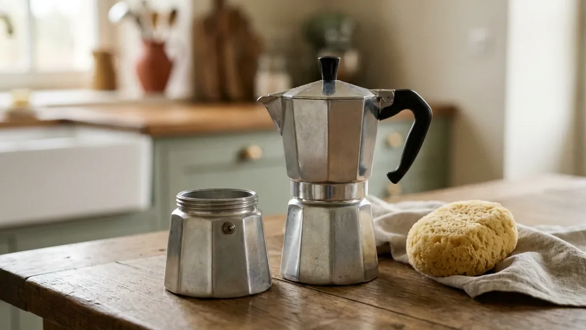 Cafetière italienne en aluminium démontée en trois parties sur un plan de travail en chêne, à côté d'une éponge douce et d'un torchon en lin