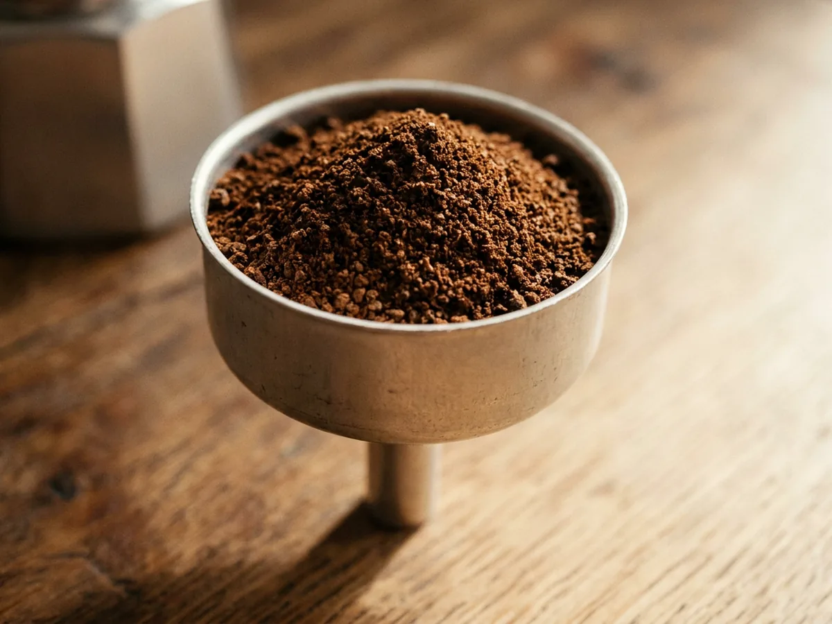 Panier en entonnoir d'une cafetière italienne rempli à ras bord de café moulu