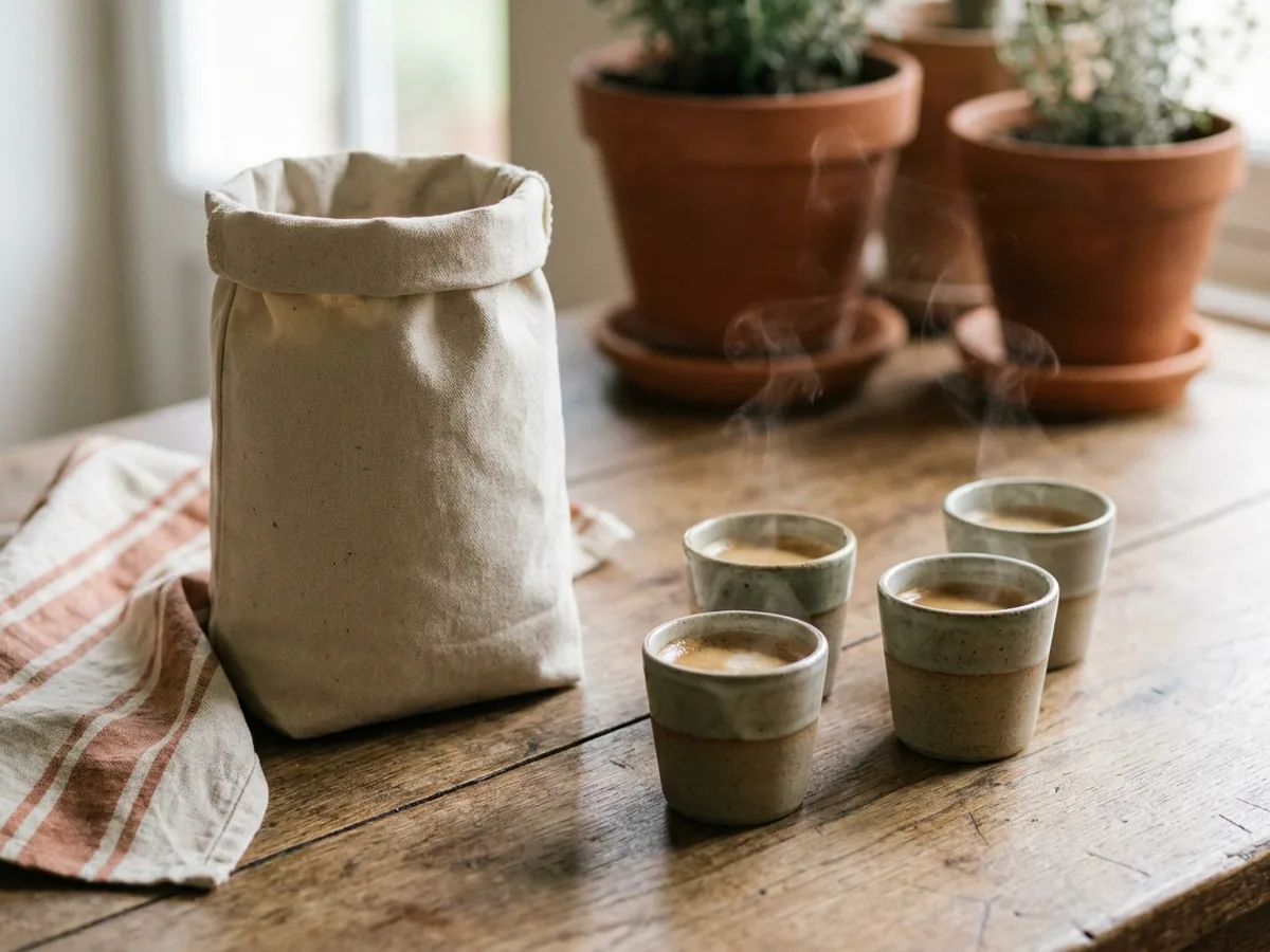 Paquet de café en grain d'un kilo posé debout à côté de plusieurs petites tasses en grès remplies d'espresso, sur une table en chêne