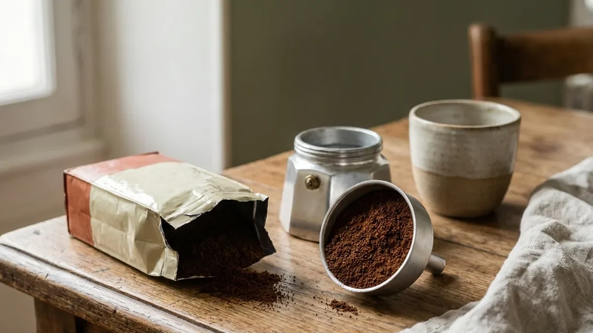 Paquet de café moulu ouvert à côté d'une cafetière italienne démontée, le filtre en entonnoir rempli de mouture moyenne fine
