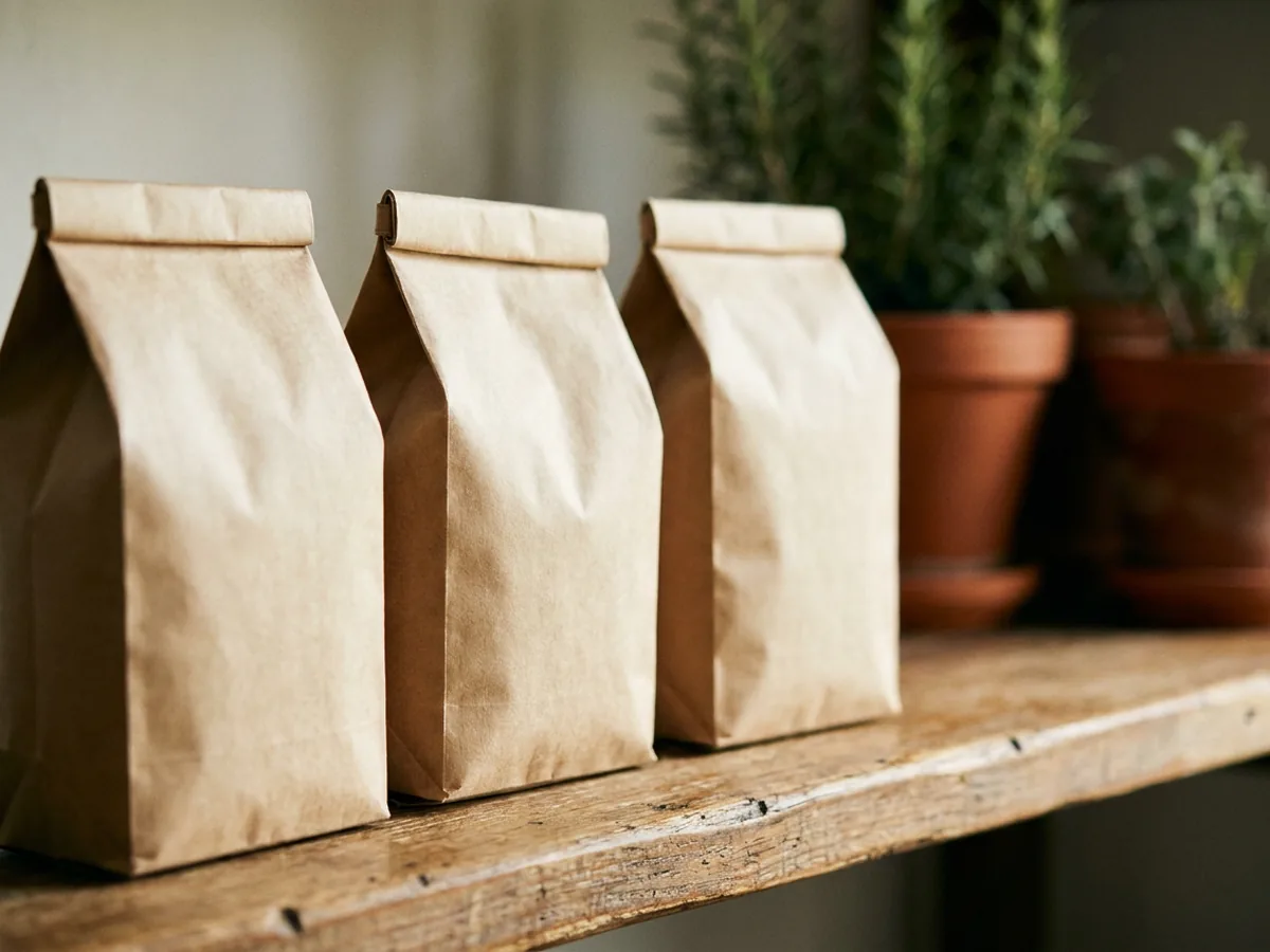 Trois paquets de café en papier kraft neutre alignés sur une étagère en bois