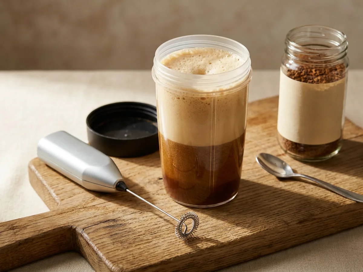 Shaker ouvert contenant une pâte de café soluble et de sucre en train de mousser et de passer du brun foncé au beige clair