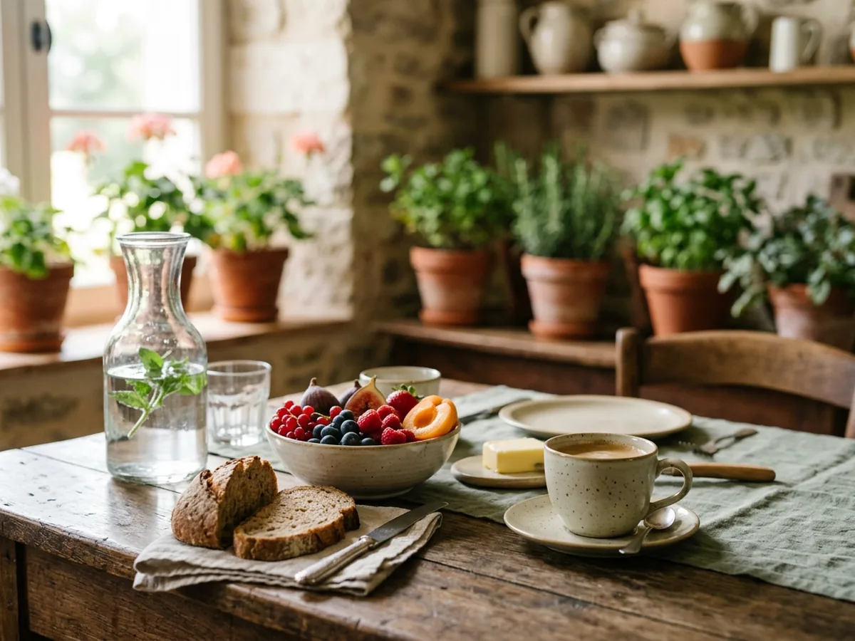 Table de petit déjeuner en chêne ancien avec une carafe d'eau, un bol de fruits frais, du pain complet et une tasse de café