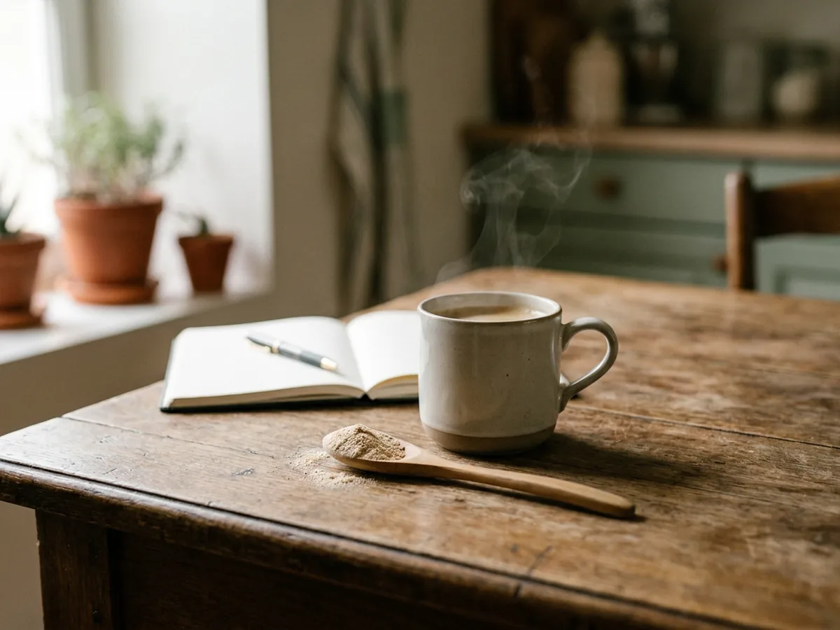 Petit déjeuner simple sur une table en chêne patiné, mug de café fumant, cuillère en bois avec une pointe de poudre beige et carnet de notes ouvert