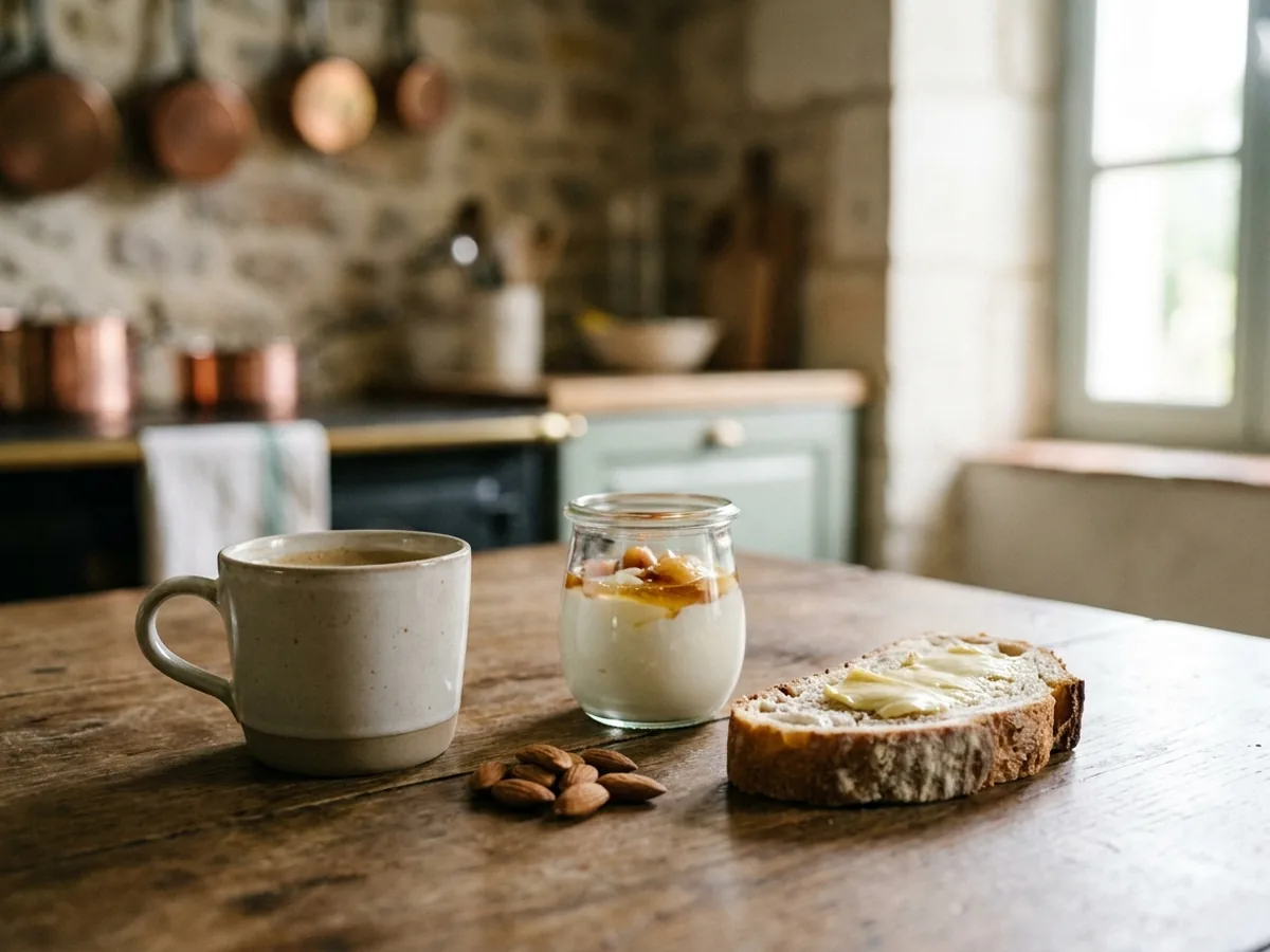 Petit déjeuner simple sur une table en chêne : tasse de café, yaourt, amandes et tartine