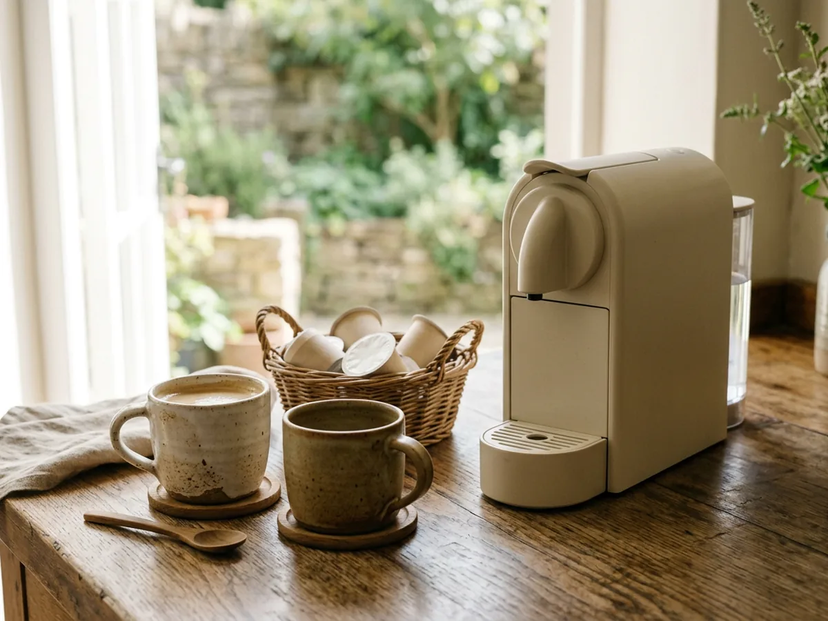 Petite cafetière à dosettes de couleur crème posée sur un plan de travail en chêne patiné, deux tasses en grès à côté et un panier en osier de dosettes
