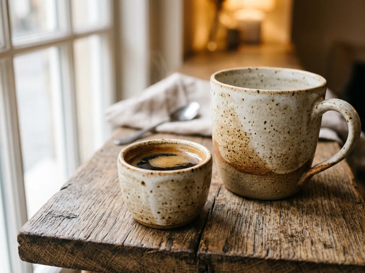 Petite tasse en grès artisanal remplie d'un café noir serré à côté d'un grand mug vide, pour montrer la différence d'échelle