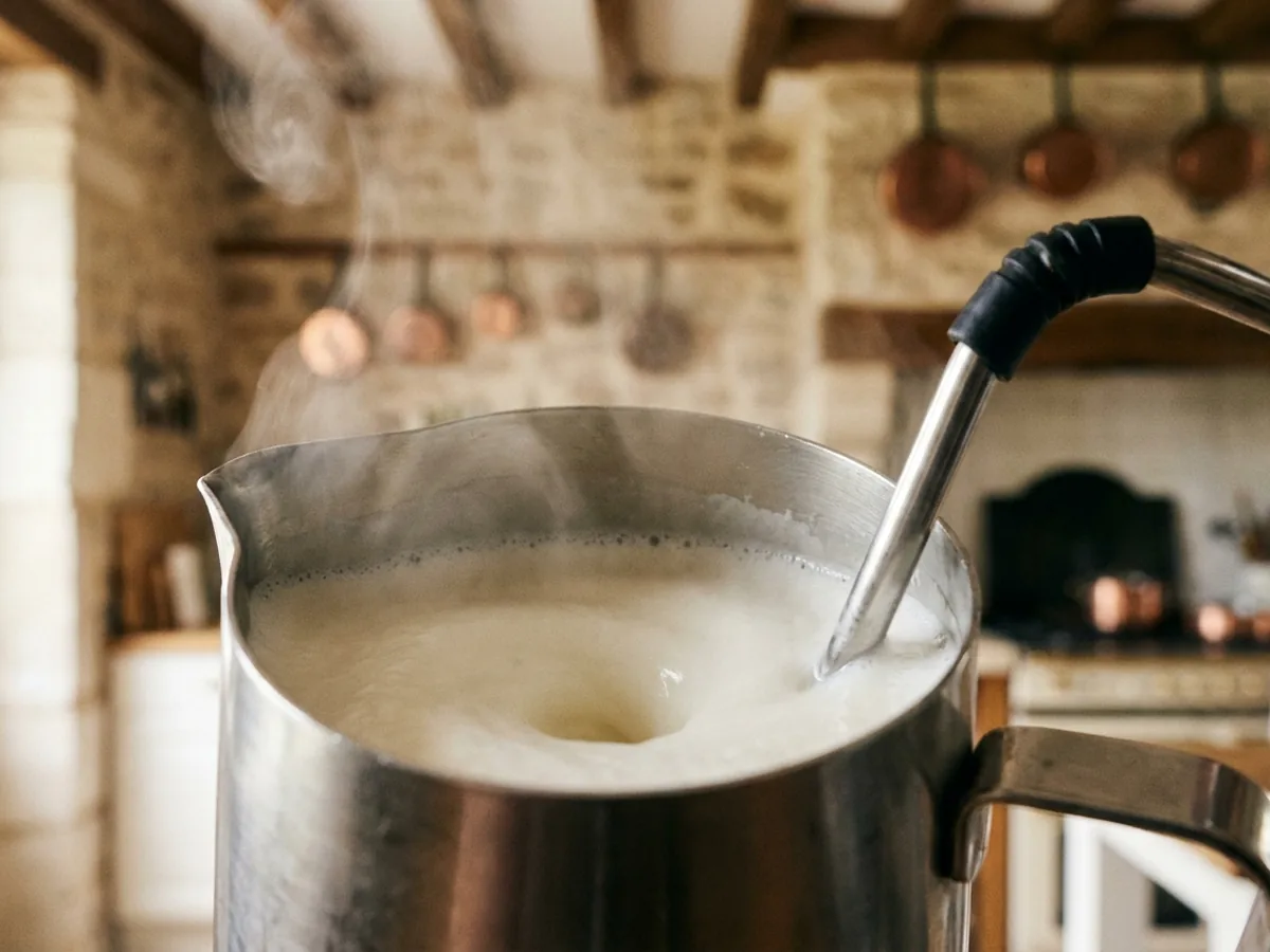 Pichet à lait métallique dont le lait est texturé sous une buse vapeur, tourbillon visible