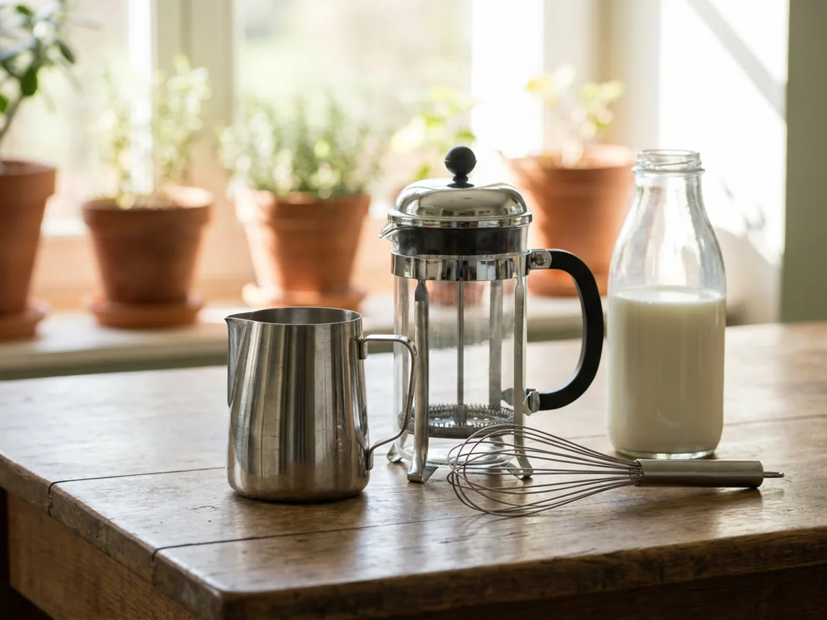 Pichet en acier inoxydable, mousseur à piston en verre et fouet manuel posés ensemble, une bouteille de lait en verre à côté