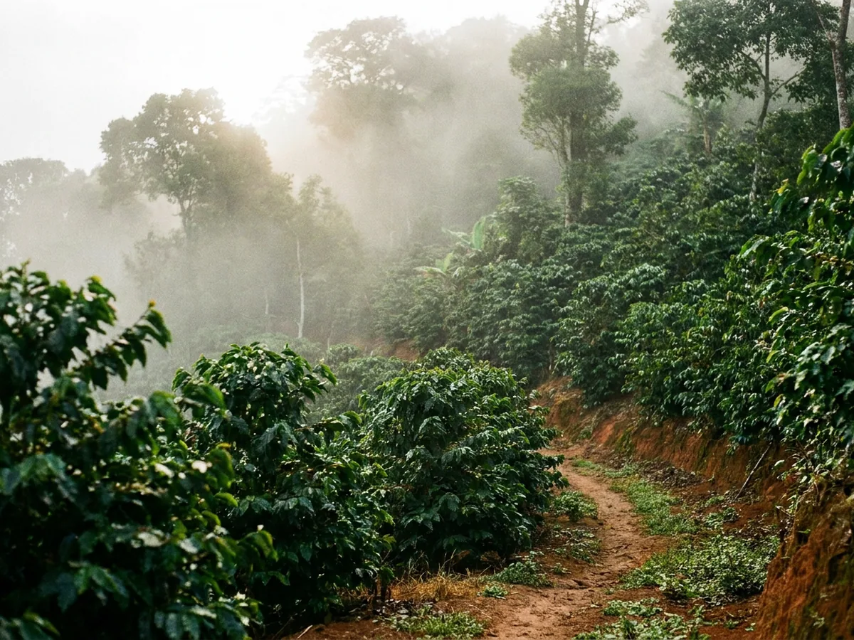 Plantation de caféiers en haute altitude sur un versant de montagne tropicale, brume matinale