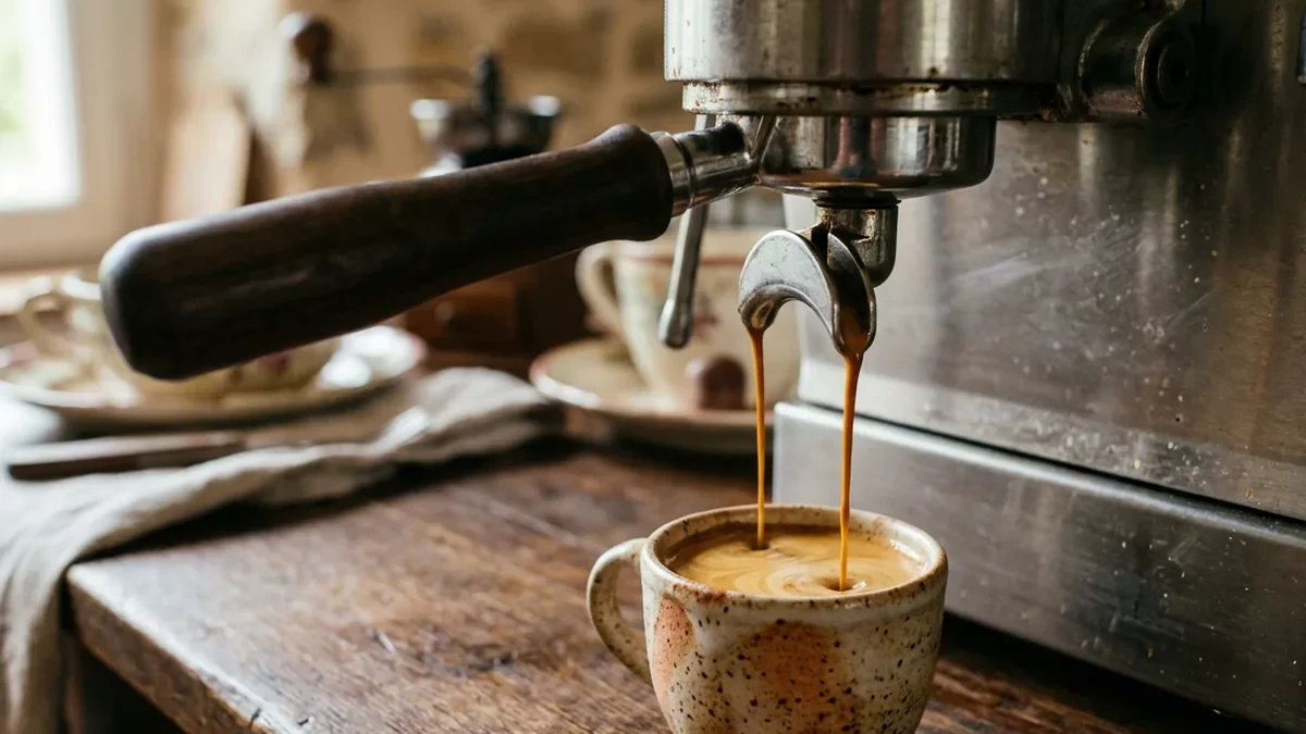 Porte-filtre en inox verrouillé sur le groupe d'une machine expresso, deux filets de café brun foncé se rejoignant en un jet unique