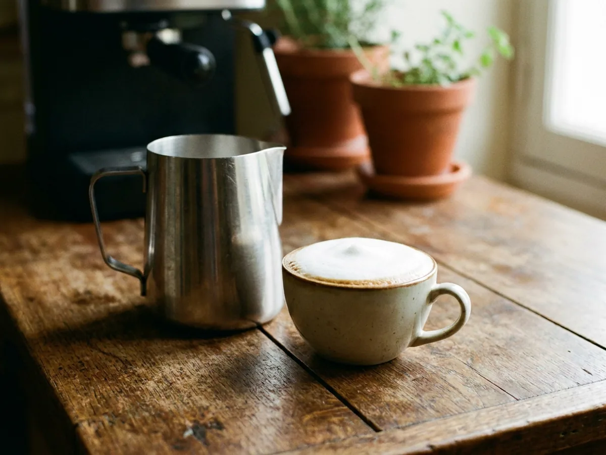 Pot à lait en inox et tasse de cappuccino coiffée d'une mousse de lait dense posés sur une table en chêne patiné, buse vapeur floue en arrière-plan