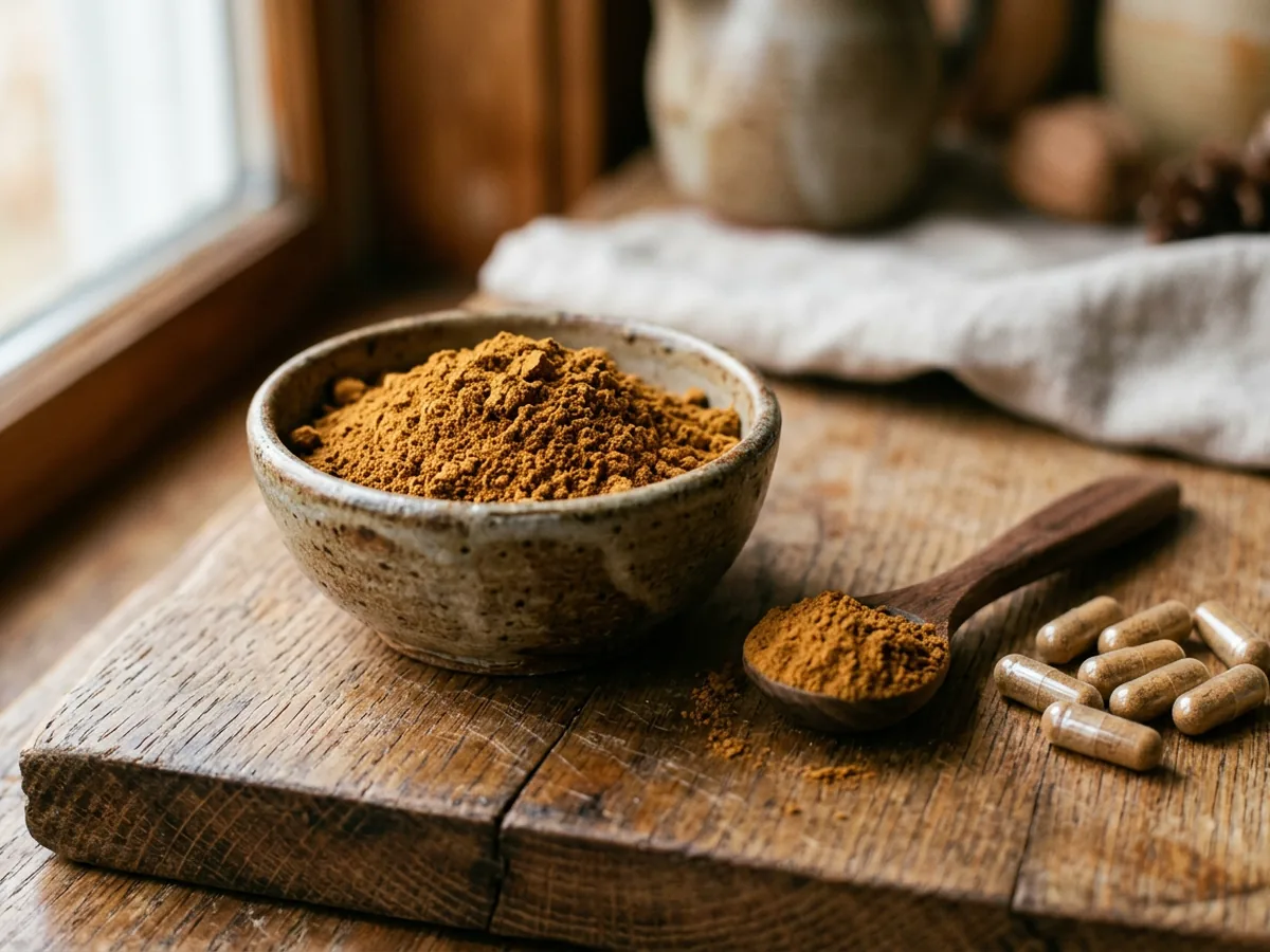 Petite coupelle en grès remplie de poudre de champignon brun orange, une cuillère doseuse en bois et quelques gélules translucides à côté