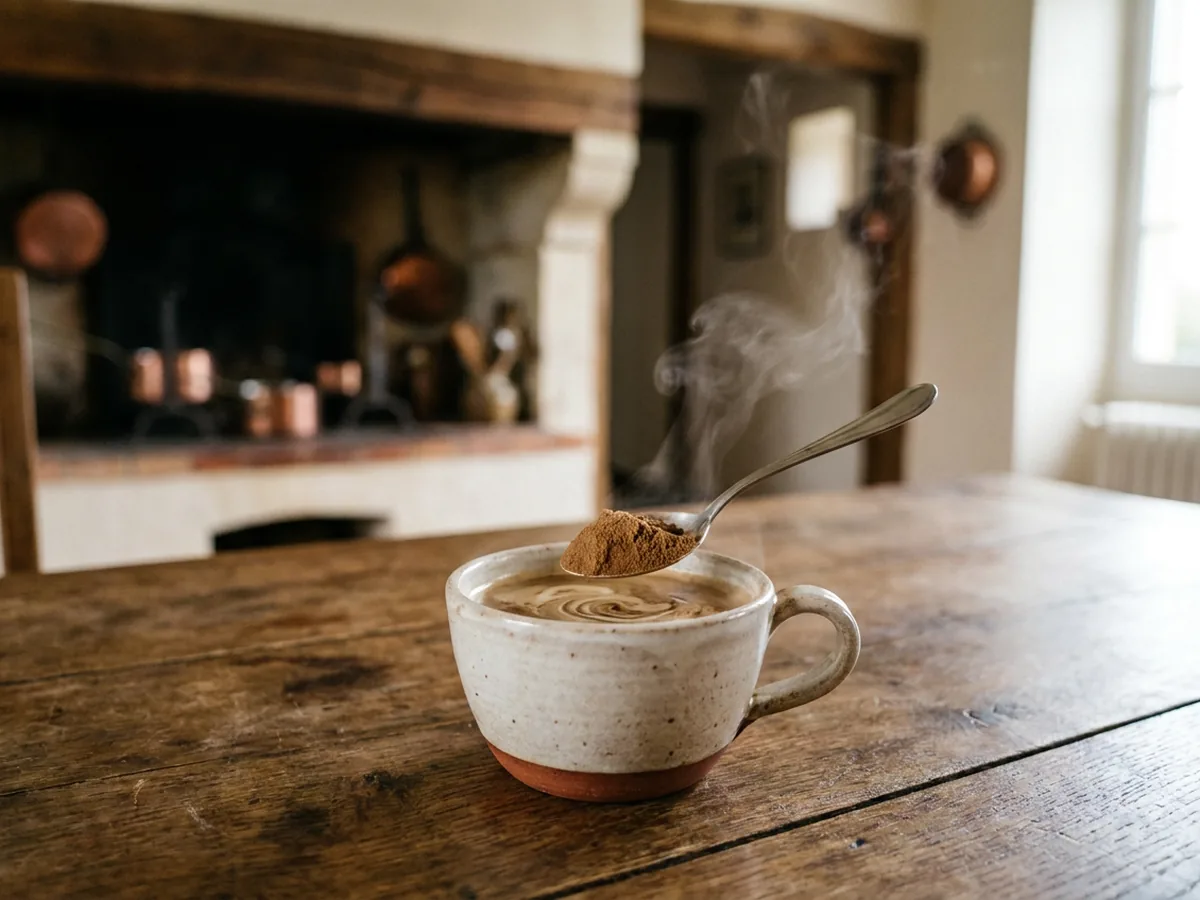 Tasse de café dans laquelle on incorpore une cuillère de poudre de champignon