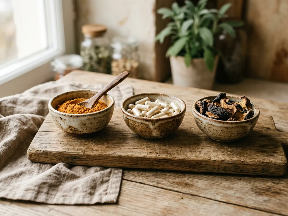 Trois petits bols en grès alignés contenant de la poudre fine orangée, des gélules translucides et des morceaux de champignon séché