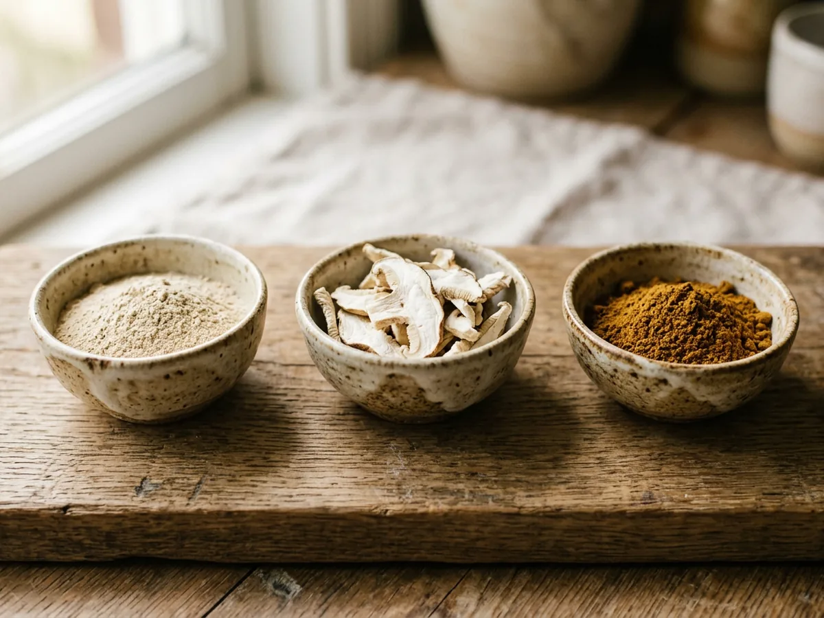 Trois petits bols en grès artisanal contenant de la poudre beige fine, des morceaux de champignon blanc séché et un extrait en poudre plus foncé