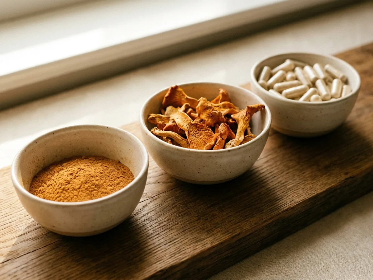 Trois coupelles en grès alignées, l'une avec de la poudre brun orange fine, l'autre avec des morceaux secs de champignon, la troisième avec des gélules translucides