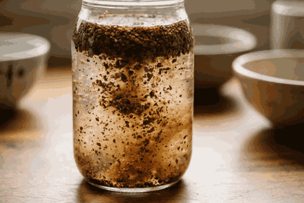 Animation du café moulu qui infuse lentement dans l'eau froide d'un bocal