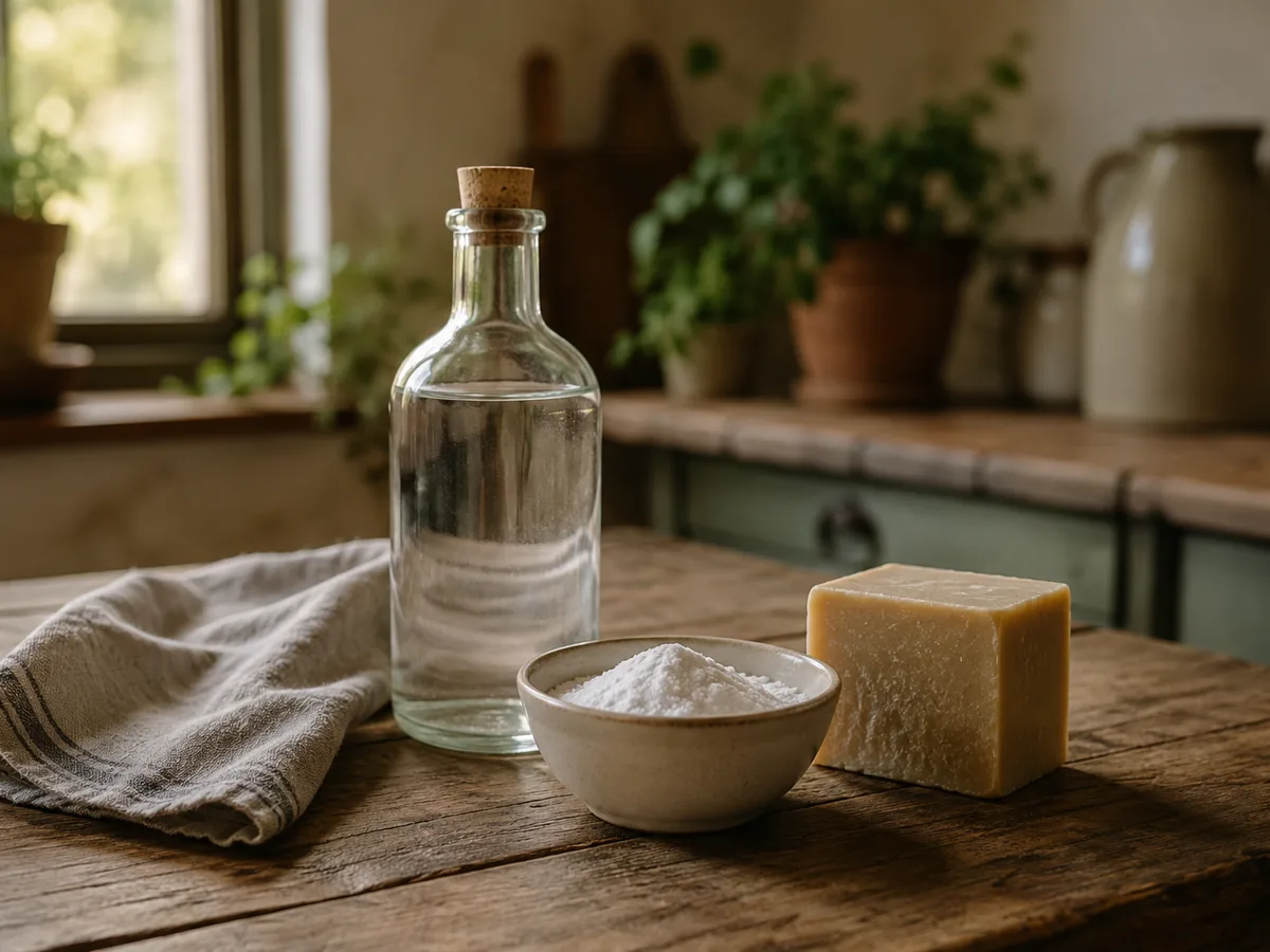 Vinaigre blanc, bicarbonate de soude et savon pour nettoyer une tache de café