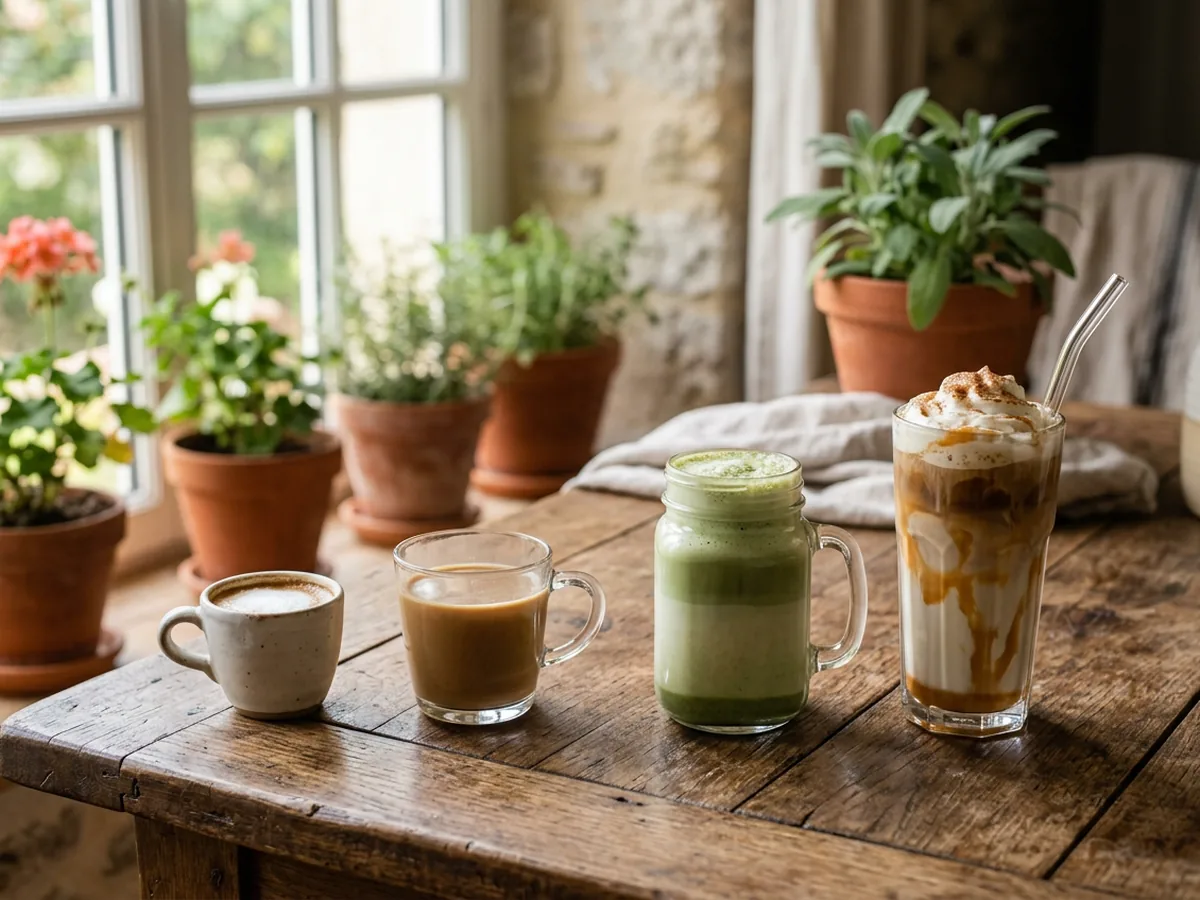 Quatre boissons lactées alignées par taille croissante sur une table en chêne patiné, d'une petite tasse à espresso à un grand verre haut à couches visibles