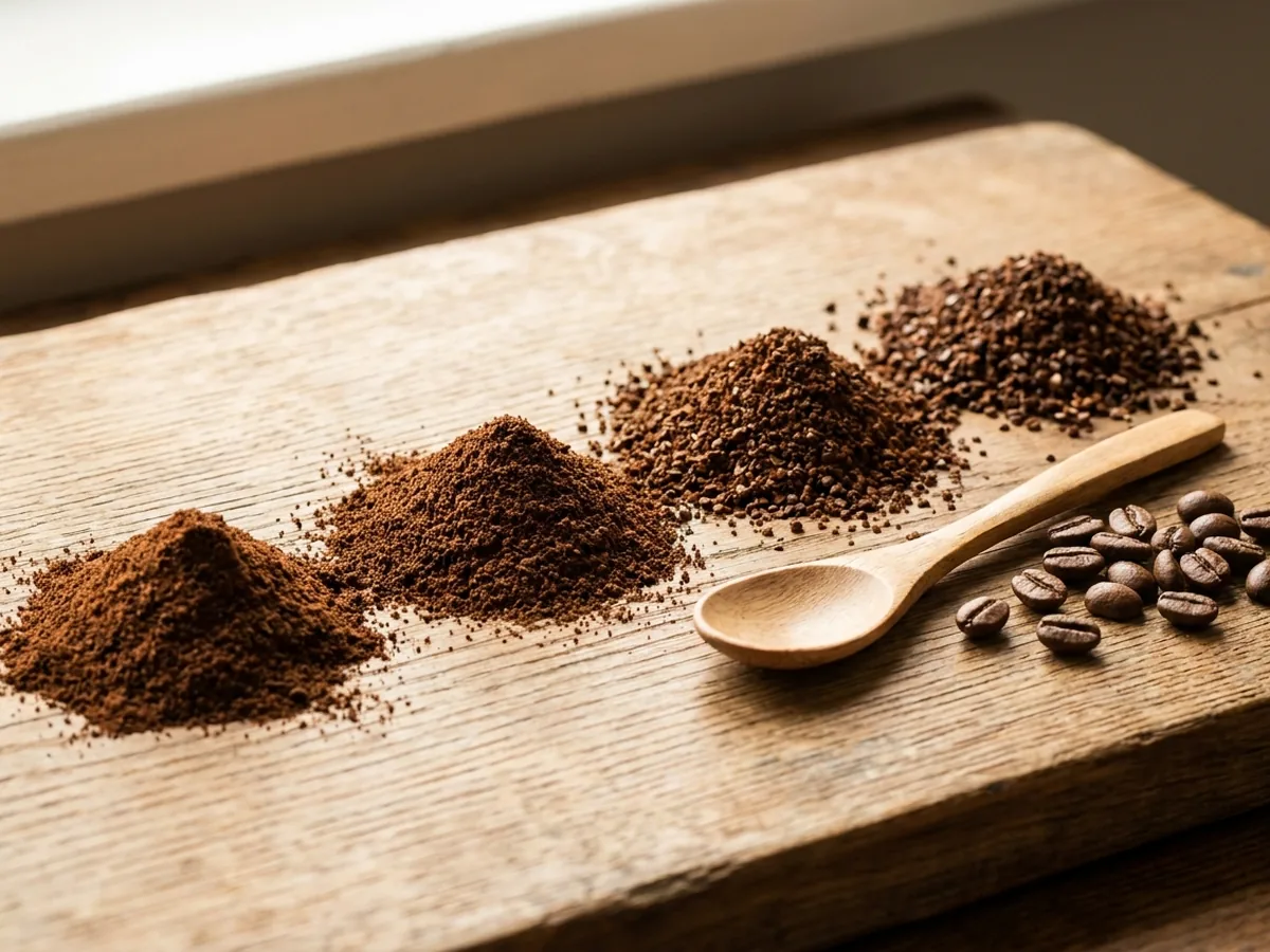 Quatre petits tas de café moulu de finesses différentes alignés sur une planche en chêne patiné, du plus poudreux au plus grossier