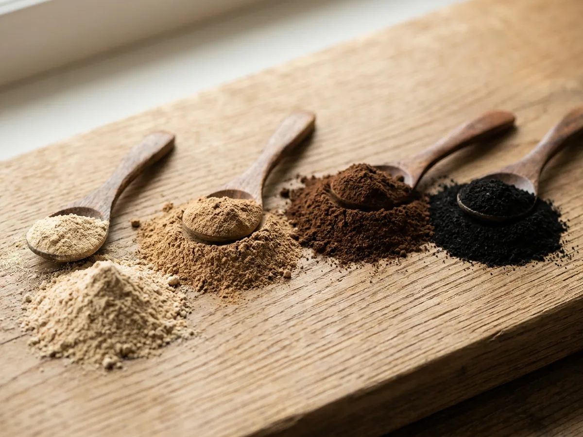 Gros plan sur quatre petits tas de poudres de champignons de couleurs différentes, beige, brun clair, brun sombre et noir, avec de petites cuillères en bois