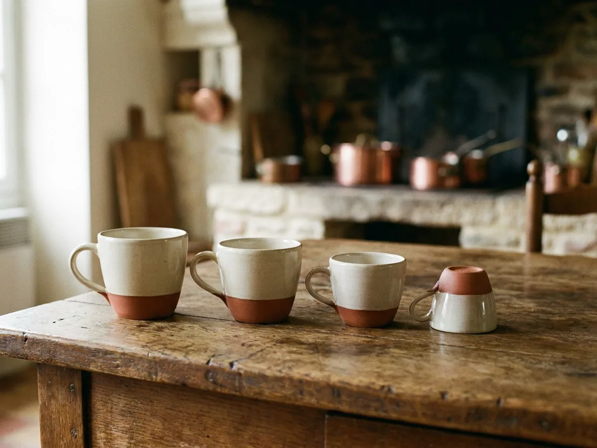 Quatre tasses à café en grès de tailles décroissantes alignées sur une table en chêne, la dernière vide et retournée