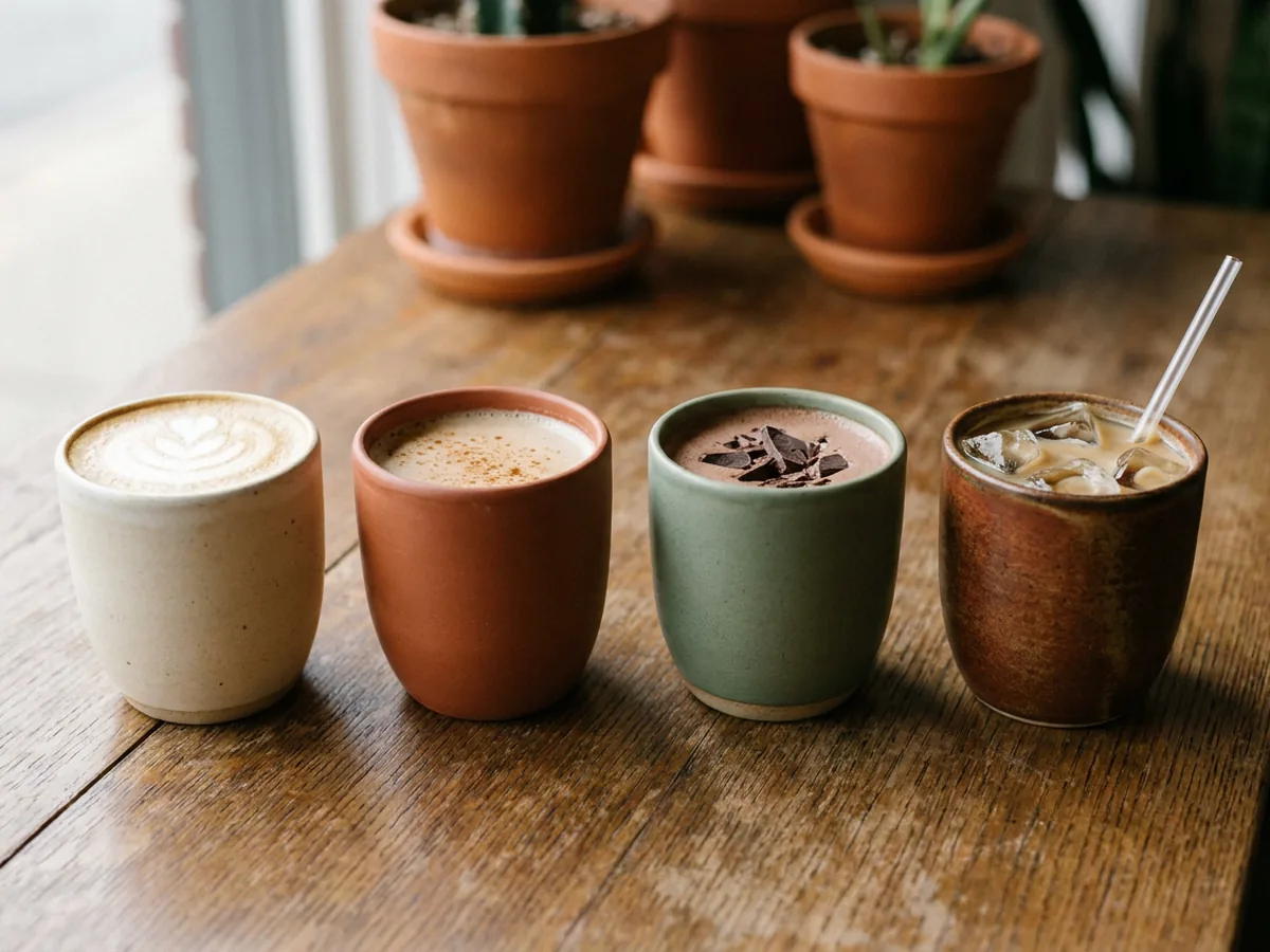 Quatre tasses en grès de couleurs différentes alignées sur une table en chêne, un latte clair mousseux, un chai épicé, un cacao sombre et une boisson glacée avec des glaçons