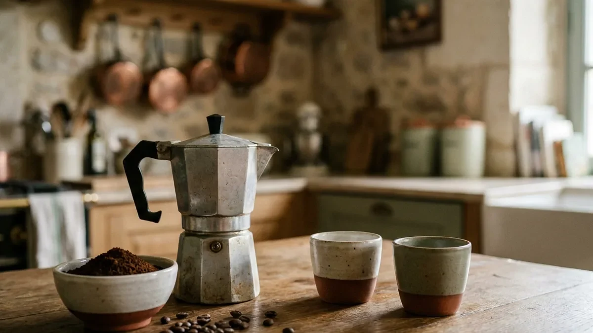Cafetière italienne en aluminium à côté d'un bol de café moulu et de deux petites tasses en grès sur un plan de travail en chêne