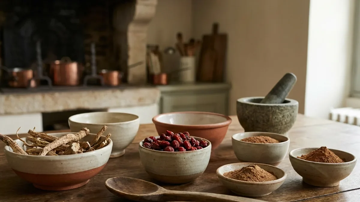 Nature morte sur une table en chêne patiné, racines sèches, baies rouges séchées et poudres brunes dans de petits bols en grès, une cuillère en bois et un mortier de pierre