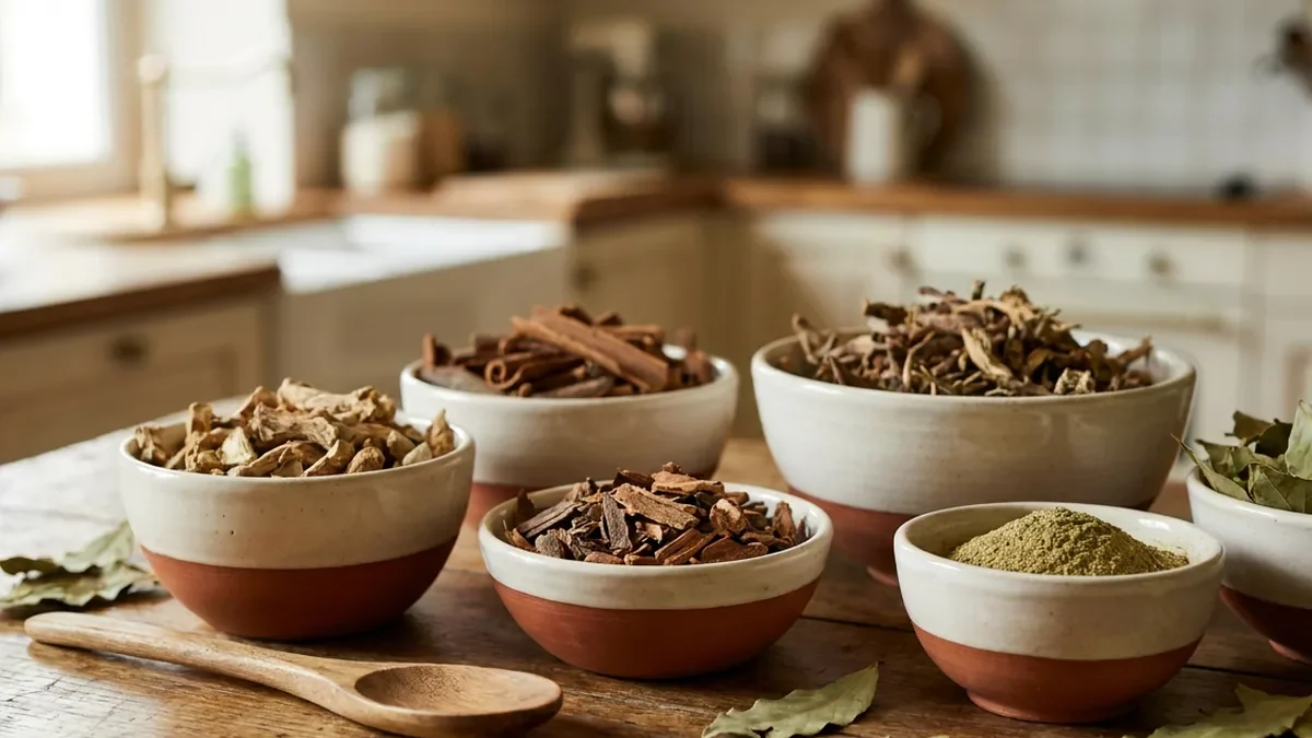 Racines et poudres de plantes séchées disposées dans de petits bols en grès artisanal sur une table en chêne patiné, une cuillère en bois et des feuilles séchées