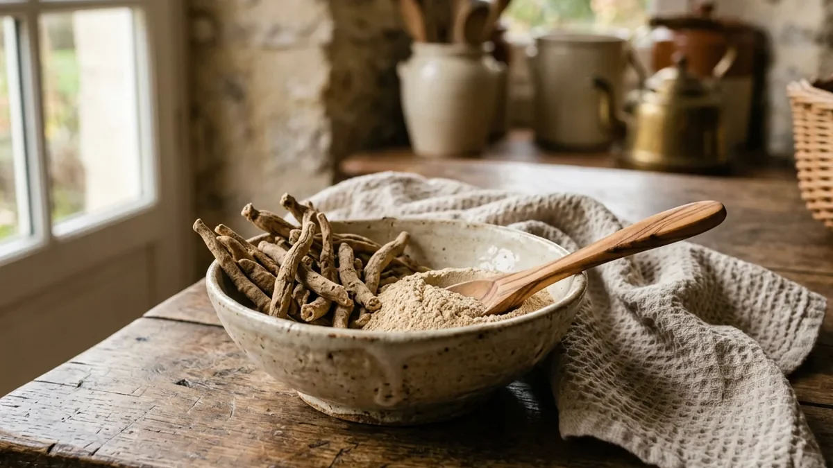 Racines séchées d'ashwagandha et poudre beige dans un bol en grès artisanal, posés sur une table en chêne patiné, petite cuillère en bois et torchon en lin