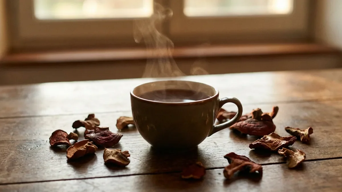 Tasse fumante d'infusion brun foncé sur une table en chêne en fin de journée, morceaux de champignon reishi séché à côté