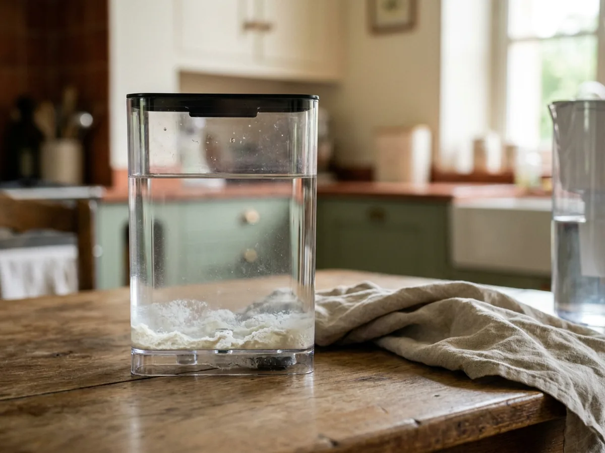 Réservoir d'eau transparent d'une machine à café posé sur une table en chêne patiné, traces blanches de calcaire visibles au fond