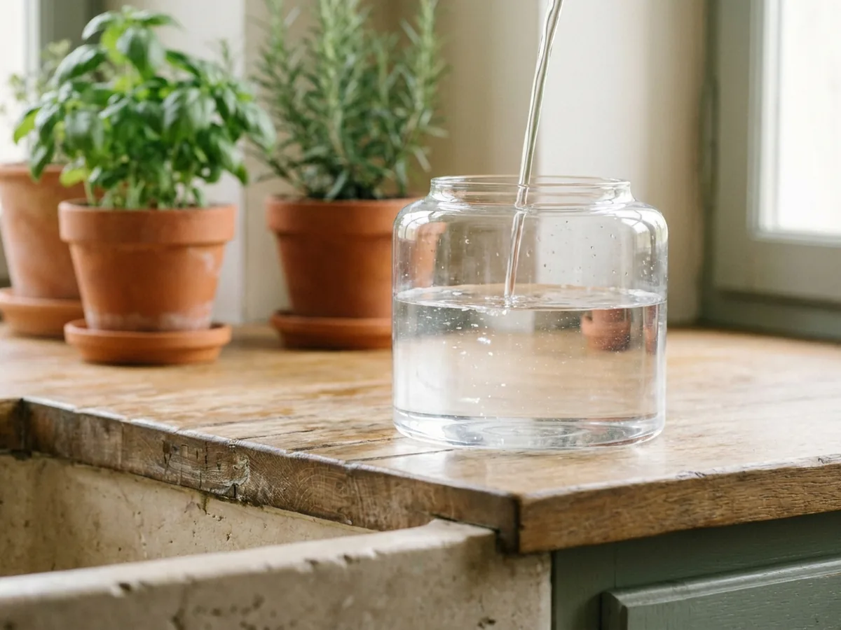 Gros plan sur un réservoir d'eau transparent que l'on remplit d'eau claire au-dessus d'un évier de cuisine de campagne française