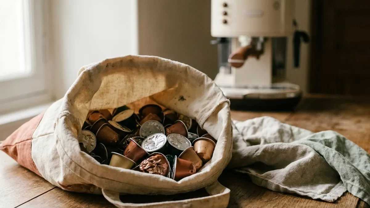 Sac de recyclage en tissu ouvert rempli de capsules de café en aluminium usagées, posé sur une table en chêne patiné