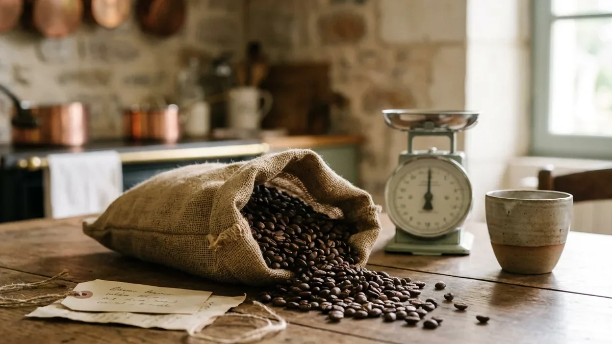 Sachet de café en grains ouvert avec une étiquette manuscrite posée à côté, grains d'arabica répandus sur une table en chêne, petite balance de cuisine et tasse en grès