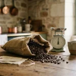 Sachet de café en grains ouvert avec une étiquette manuscrite posée à côté, grains d'arabica répandus sur une table en chêne, petite balance de cuisine et tasse en grès