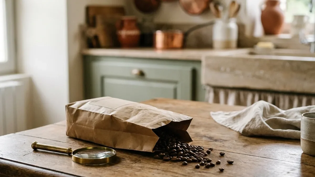 Sachet de café en papier kraft ouvert et grains répandus sur une table en chêne patiné, une loupe posée à côté pour déchiffrer l'étiquette
