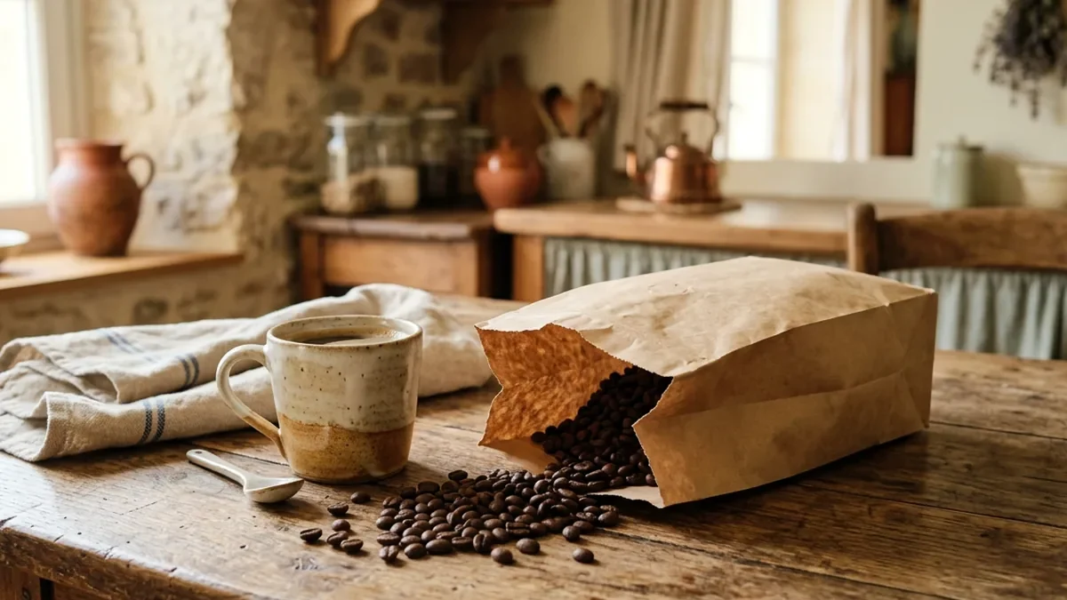 Sachet de café en papier kraft sans étiquette, ouvert sur une table en chêne patiné, des grains de café torréfiés répandus à côté et une tasse en grès